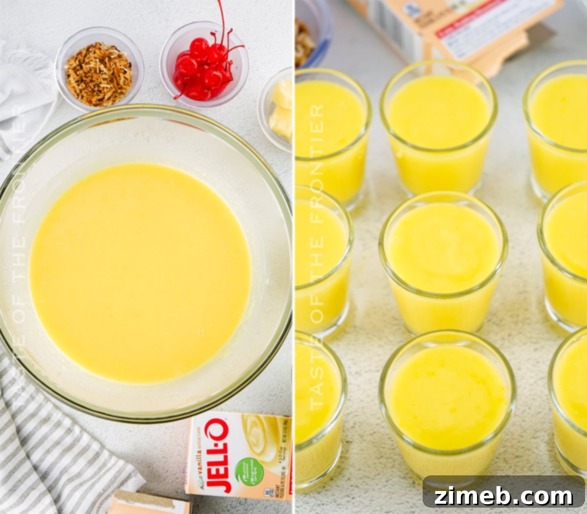 Mixing the ingredients for Piña Colada Pudding Shots