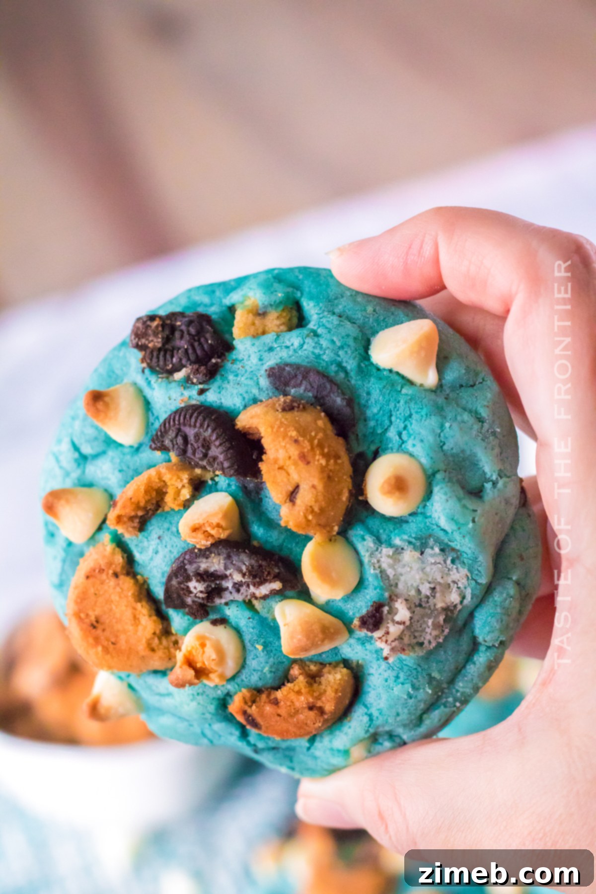 Om Nom Nom Cookies 21 Close-up of a jumbo blue Cookie Monster Cookie ready to eat