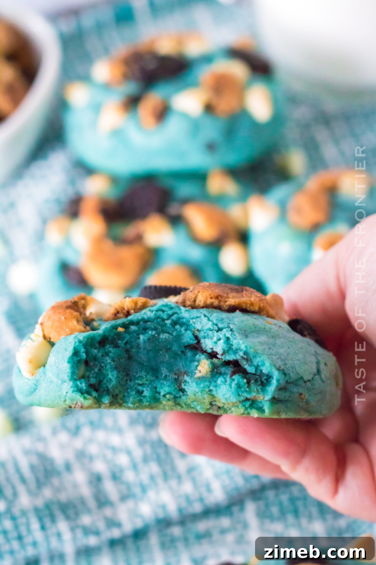 Om Nom Nom Cookies 22 Baked blue Cookie Monster Cookies on a cooling rack