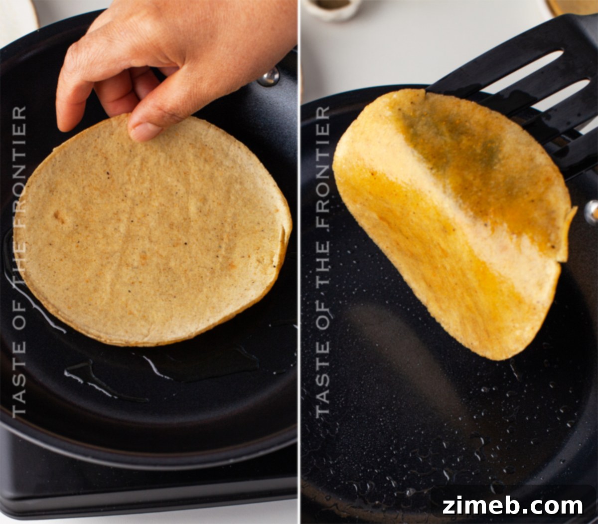 Mexican Ranch Eggs 7 A person frying corn tortillas in a skillet for Huevos Rancheros