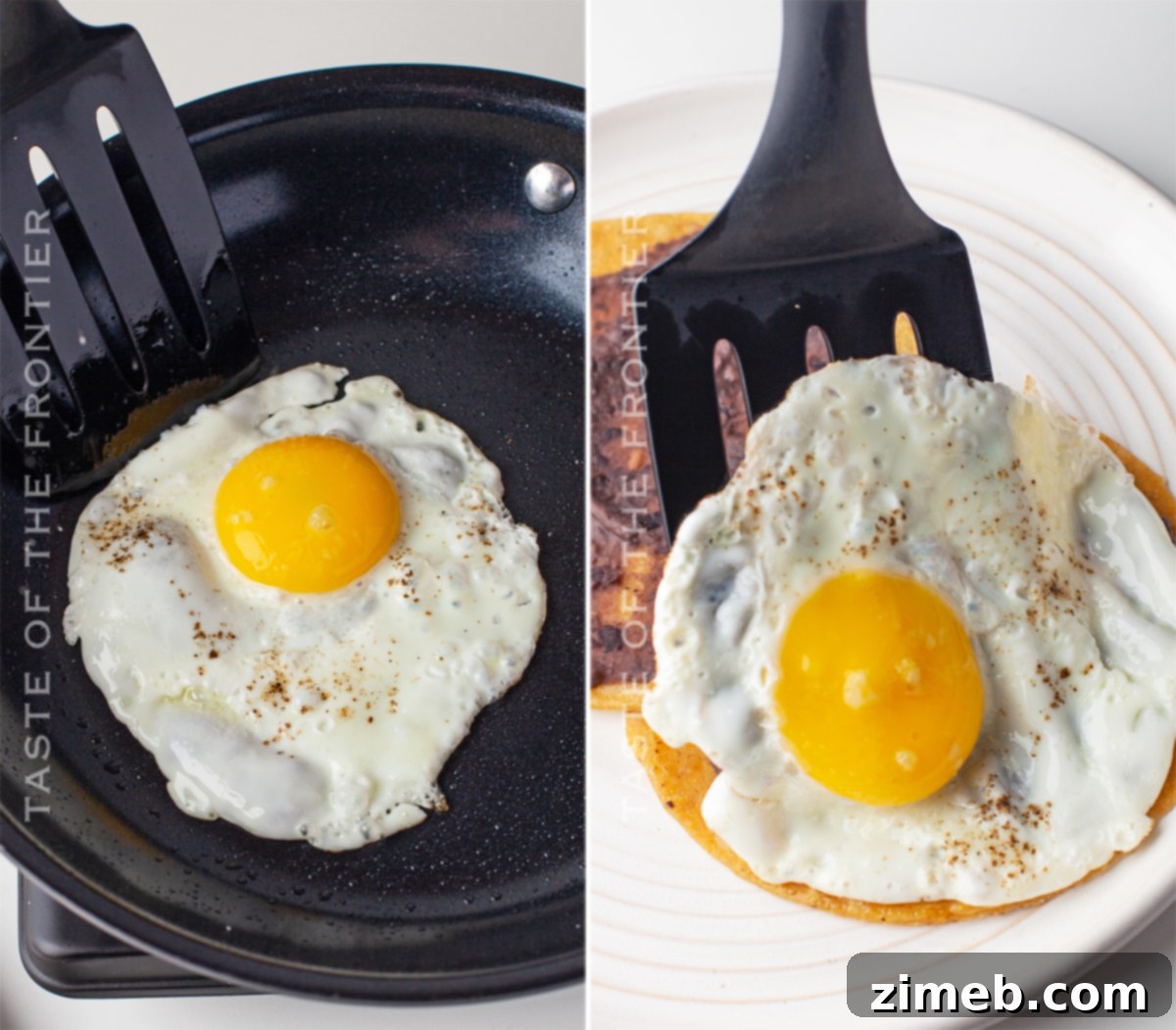 Mexican Ranch Eggs 9 A fried egg being carefully placed on top of a tortilla with refried beans for Huevos Rancheros