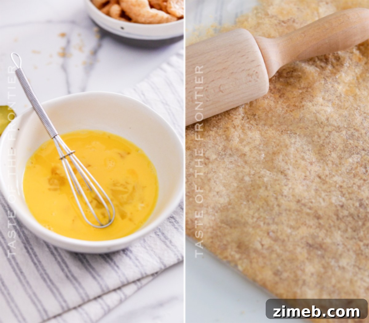 Step-by-step: coating pickle slices with egg wash and pork rind mixture.