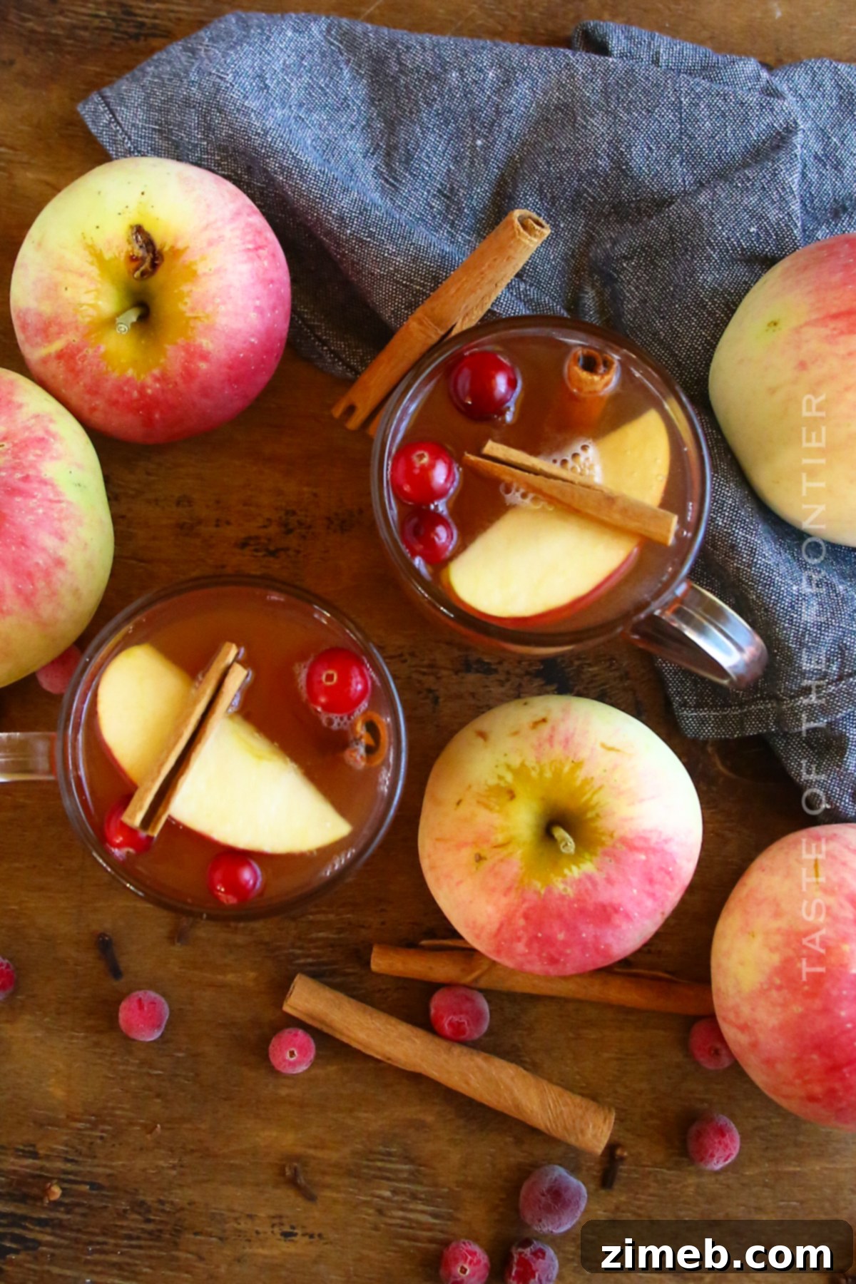 A holiday cider recipe in a mug, garnished with fruit and cinnamon.
