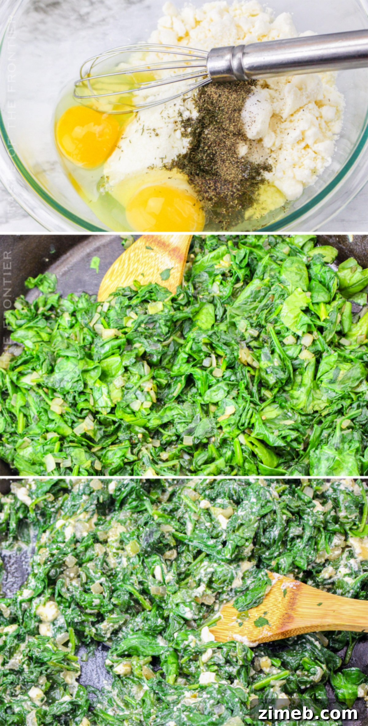 How to make filling for Spanakopita - Sautéing spinach and mixing with cheese.