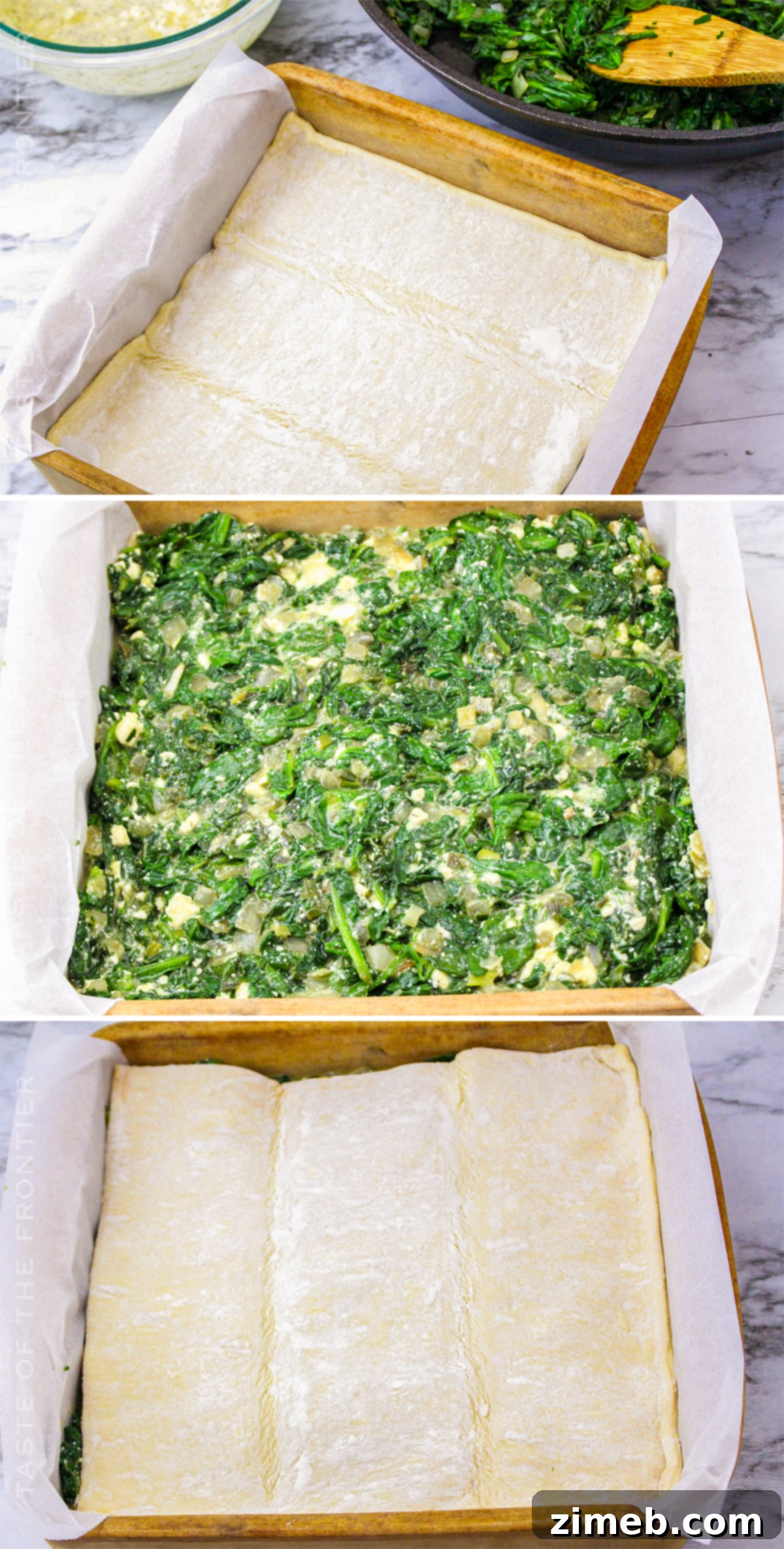 How to assemble spinach pie with layers of pastry and filling.