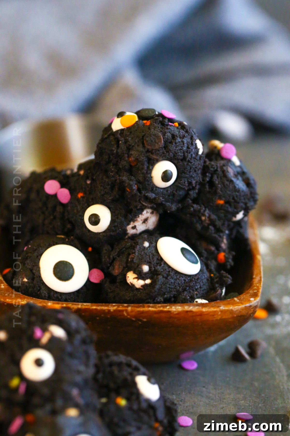 Edible Halloween Cookie Dough 21 Brownie batter cookie dough in a bowl, a rich chocolatey treat.