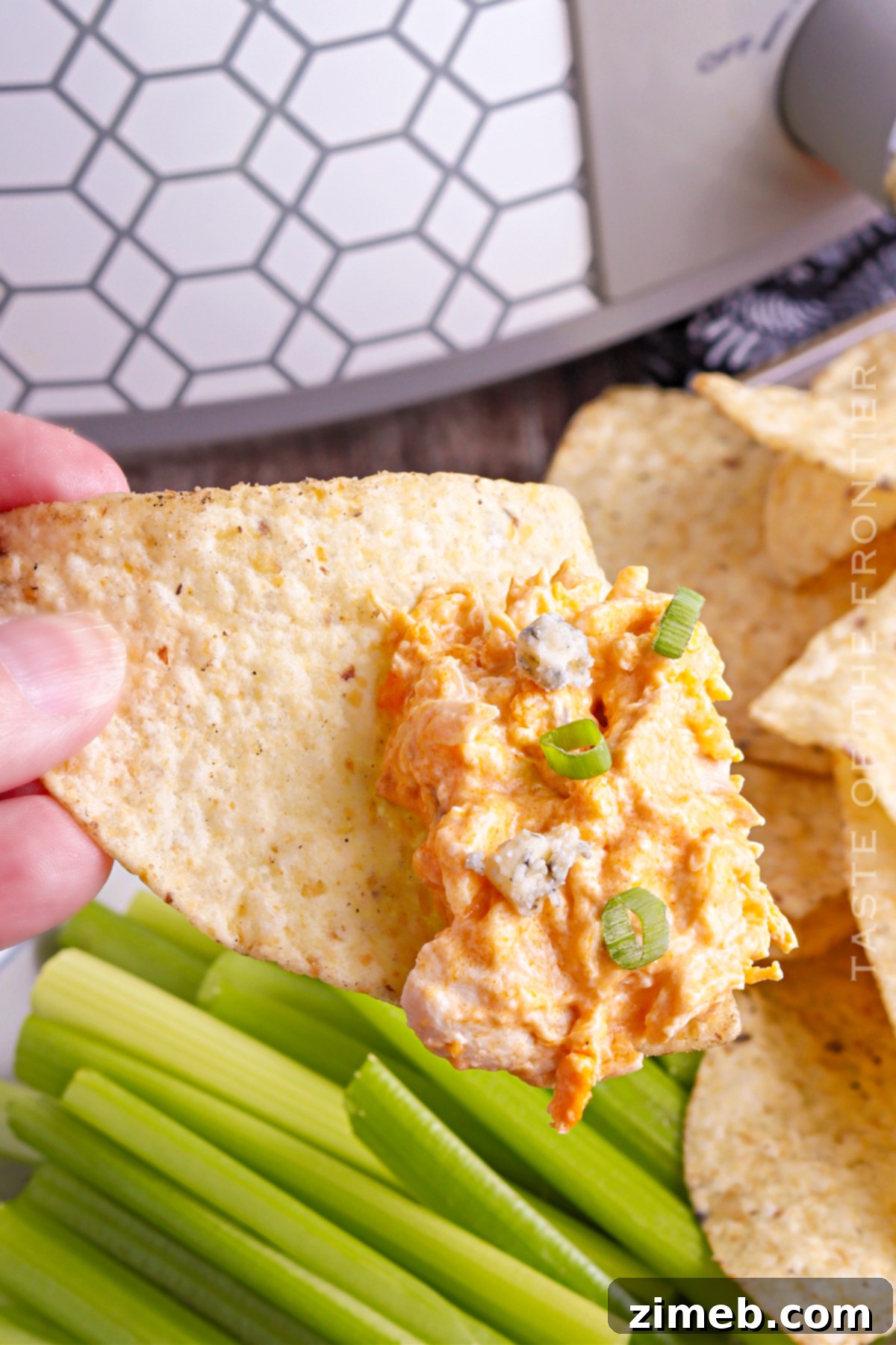Crock-Pot Buffalo Chicken Party Dip 20 Crockpot Buffalo Chicken Dip in a close-up, creamy and cheesy.