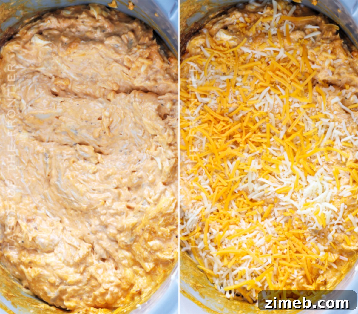 Crock-Pot Buffalo Chicken Party Dip 7 Buffalo Chicken Dip cooking in a crockpot, showcasing the rich color and texture, with steam rising.