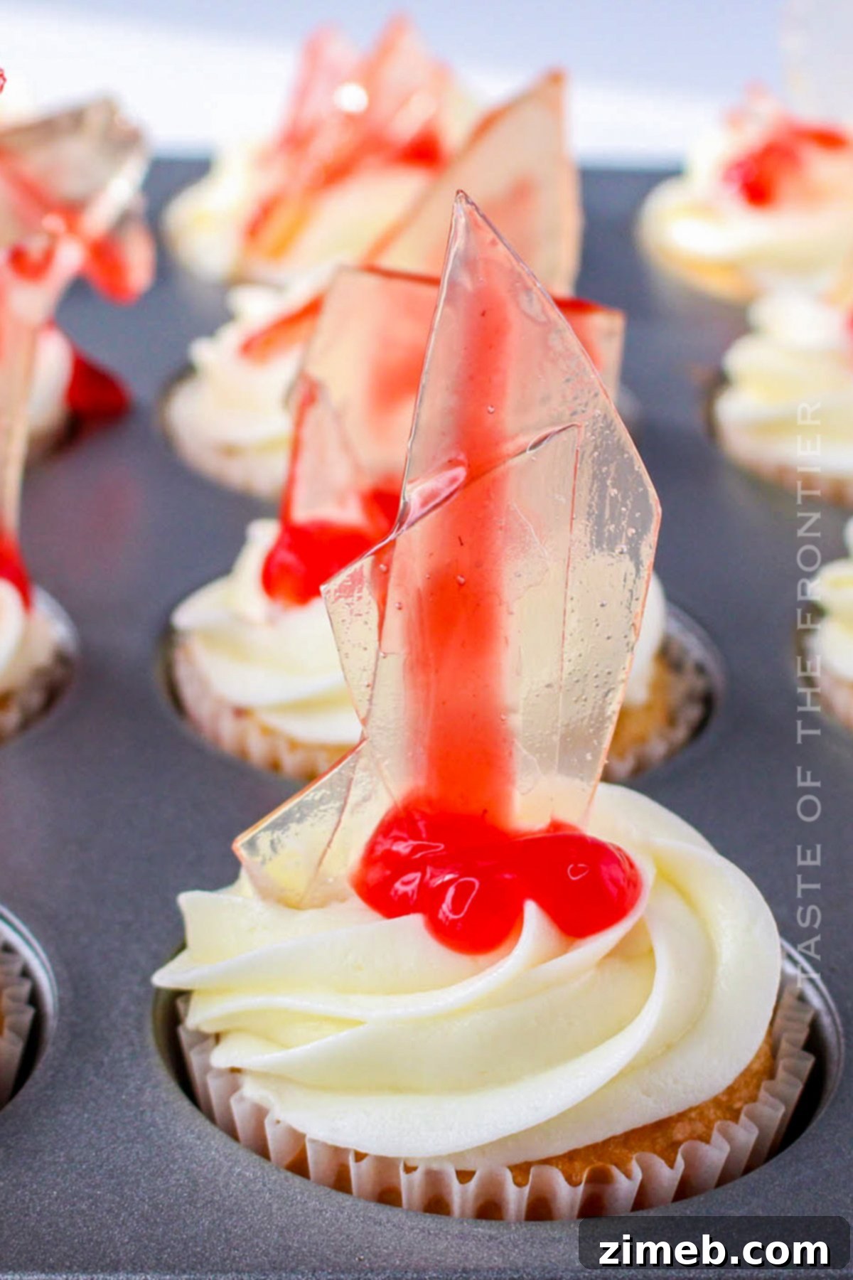Halloween Party Cupcakes decorated with edible glass and blood