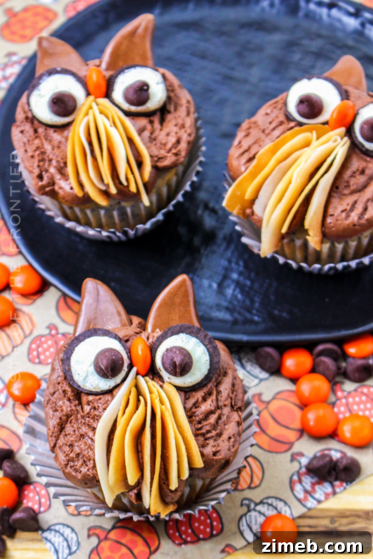 Beautiful fall holiday season cupcakes featuring intricate owl decorations.