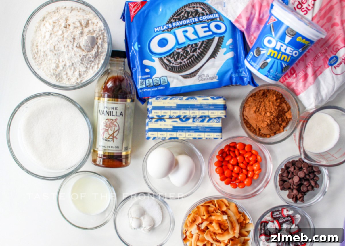 Ingredients laid out for making delicious Owl Cupcakes, including flour, butter, sugar, and Oreos.