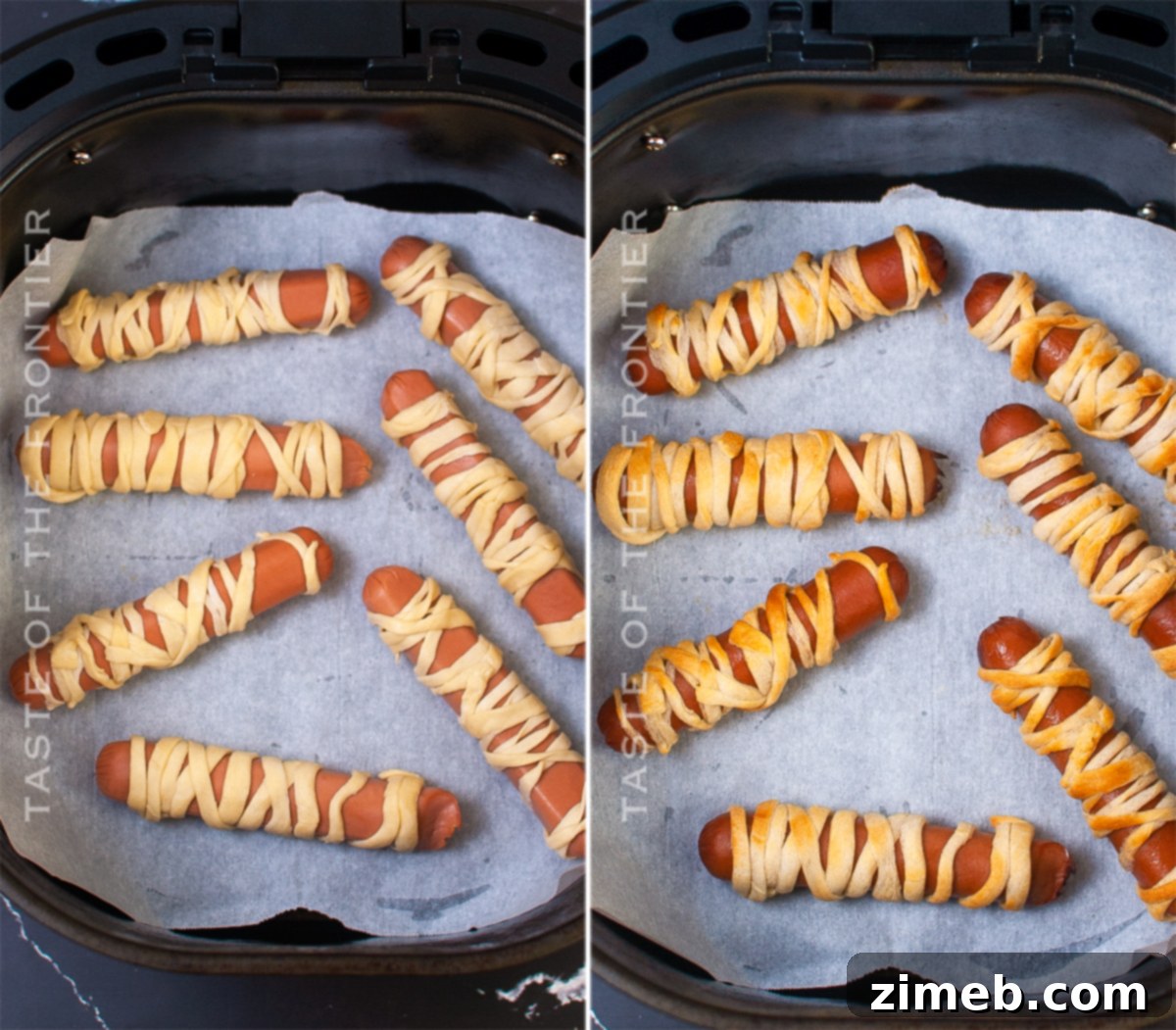 Phantom Franks 8 Finished Air Fryer Mummy Dogs arranged on a plate with dipping sauces.