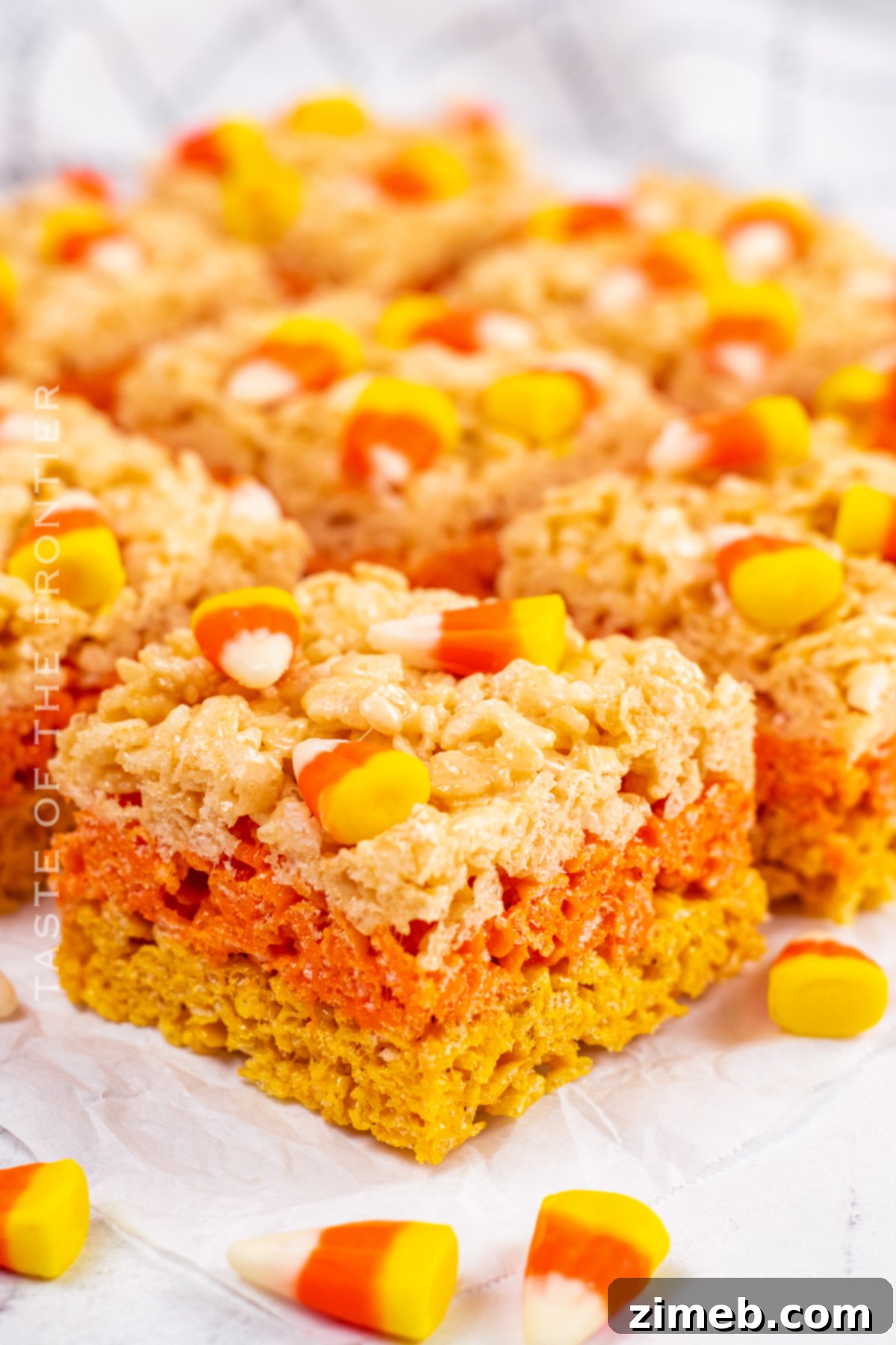 Sweet & Spooky Candy Corn Krispie Treats 20 layered krispie treats