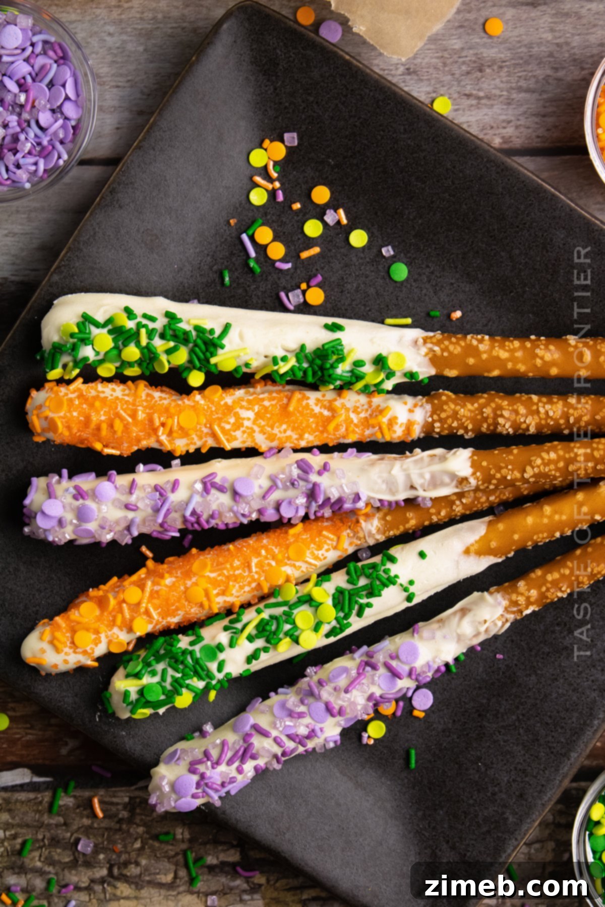 Halloween Pretzels, chocolate-dipped and decorated with spooky sprinkles