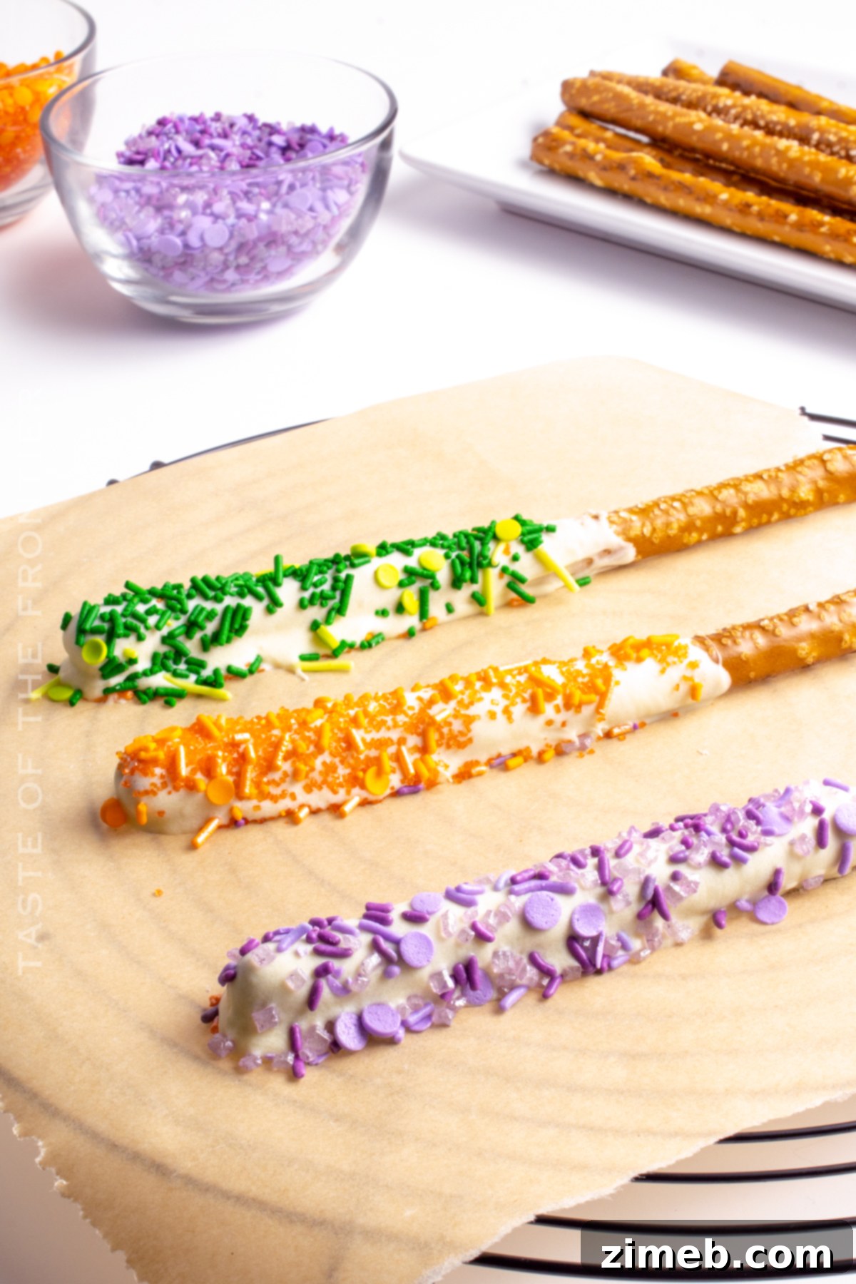 A display of various no-bake Halloween treats including Halloween Pretzels