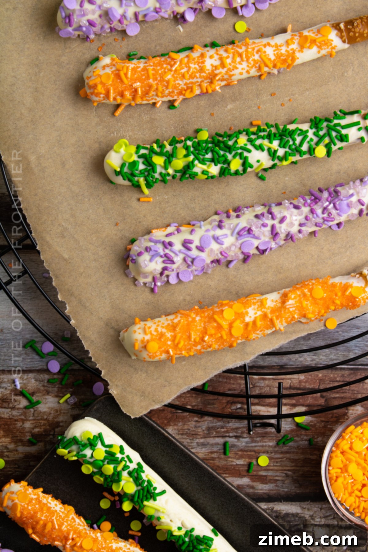 Halloween party snacks featuring decorated pretzel rods