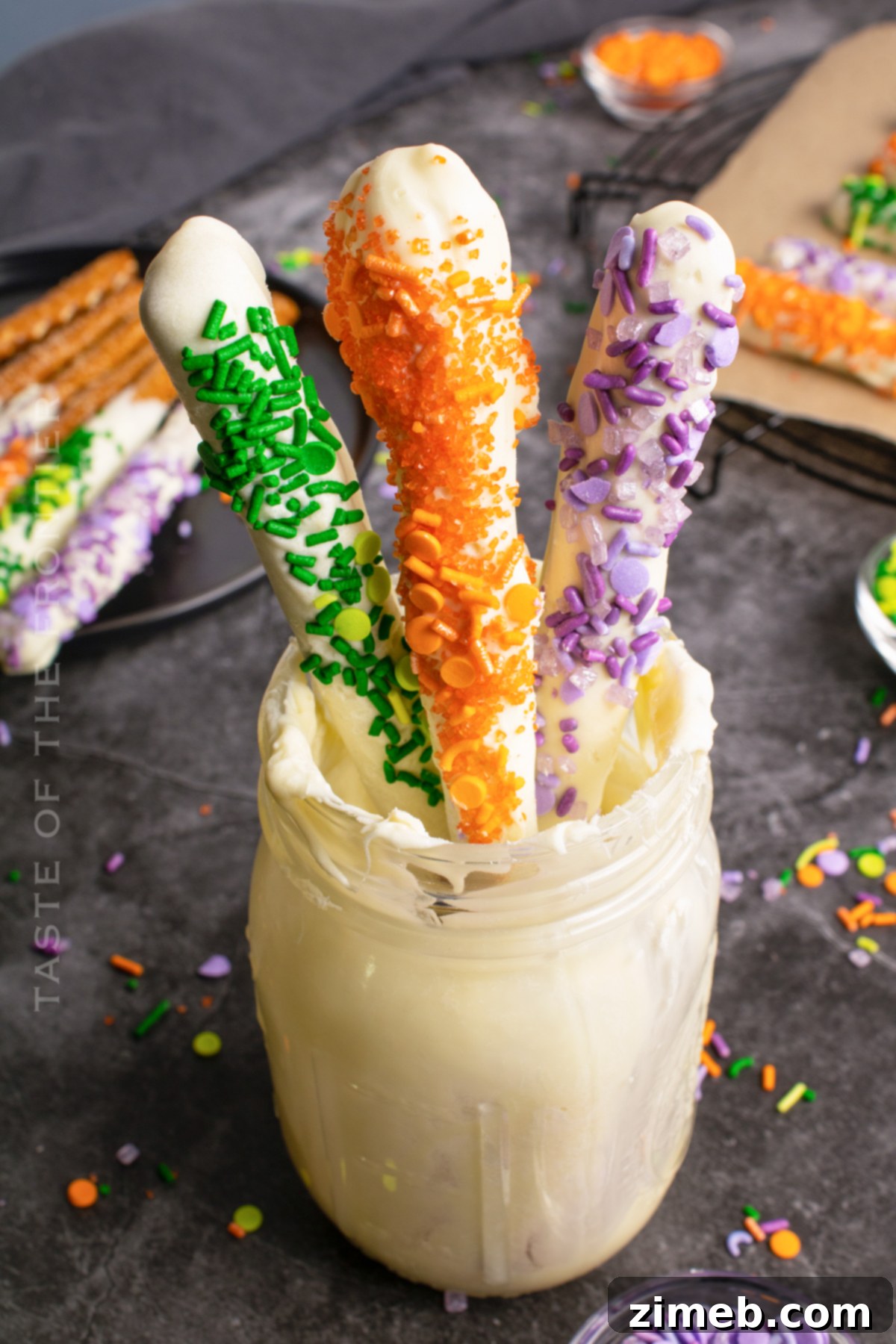 White chocolate pretzels decorated for Halloween
