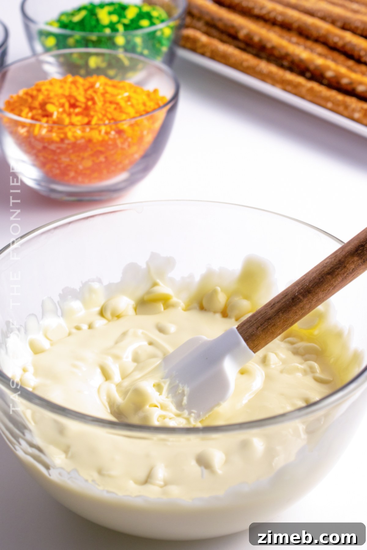 Melting white chocolate chips in a bowl for pretzel dipping