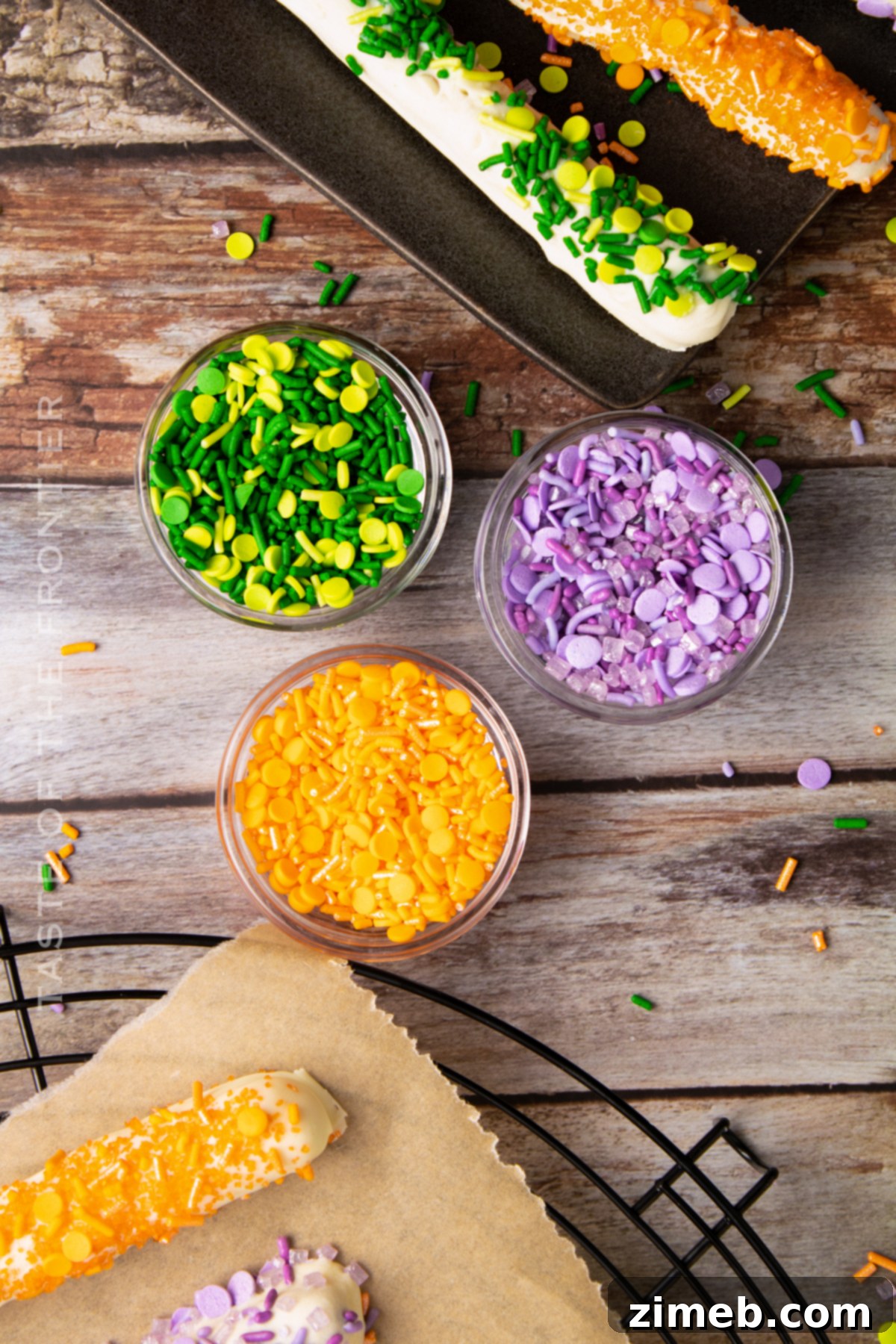 Close-up of Halloween sprinkles in green, orange, and purple