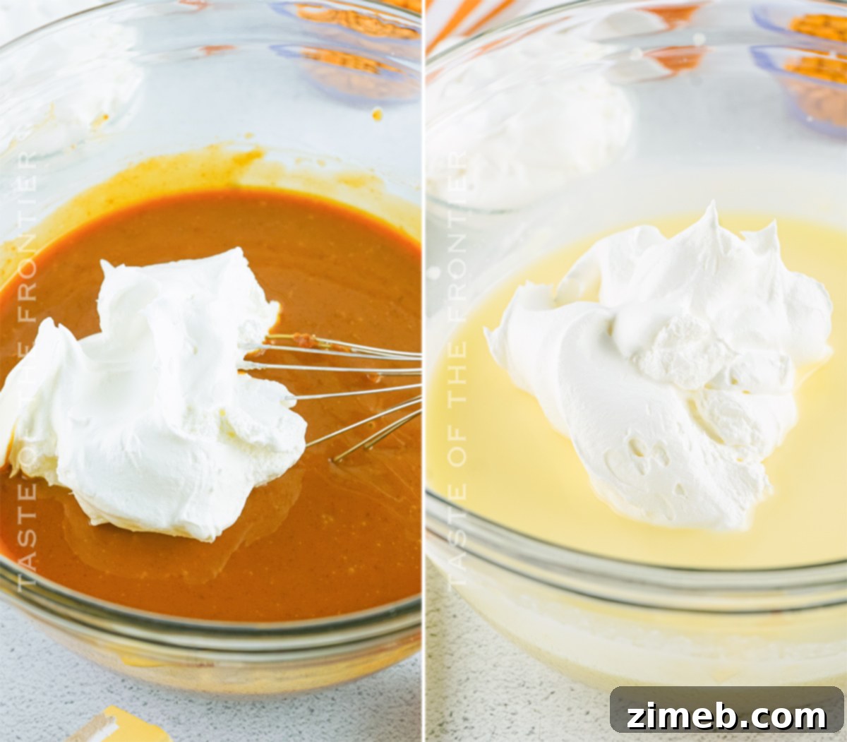 Close-up of creamy pudding layers in shot glasses, showcasing the distinct cheesecake and pumpkin sections.