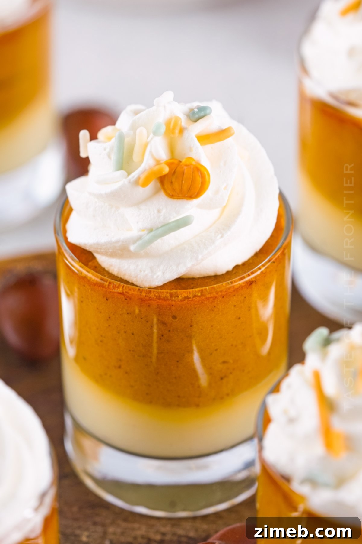 Full recipe card image for Pumpkin Pudding Shots, showing the finished dessert.