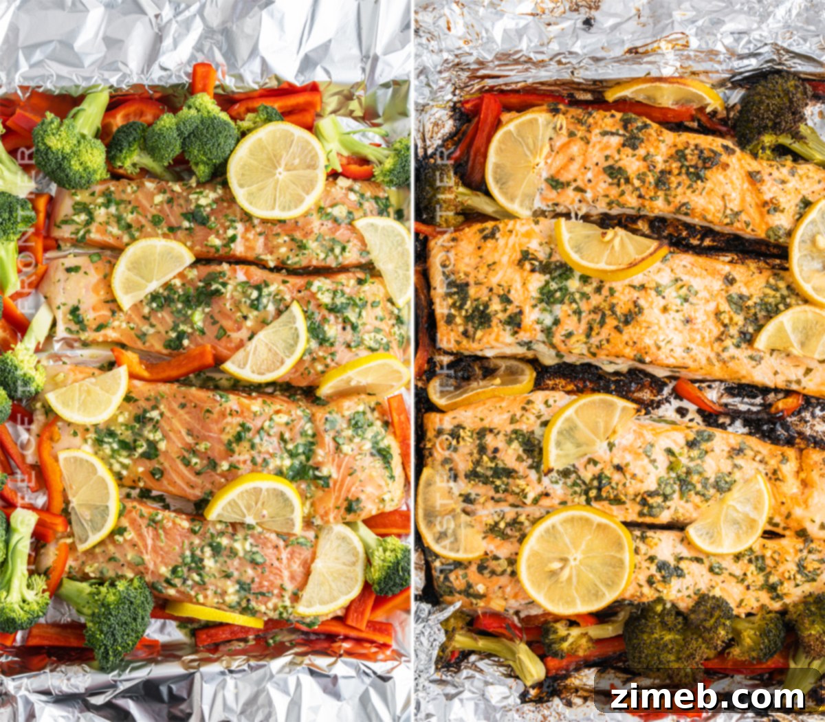 Before and after baking: A visual comparison showing raw salmon fillets with vegetables turning into a beautifully cooked, golden-brown meal.