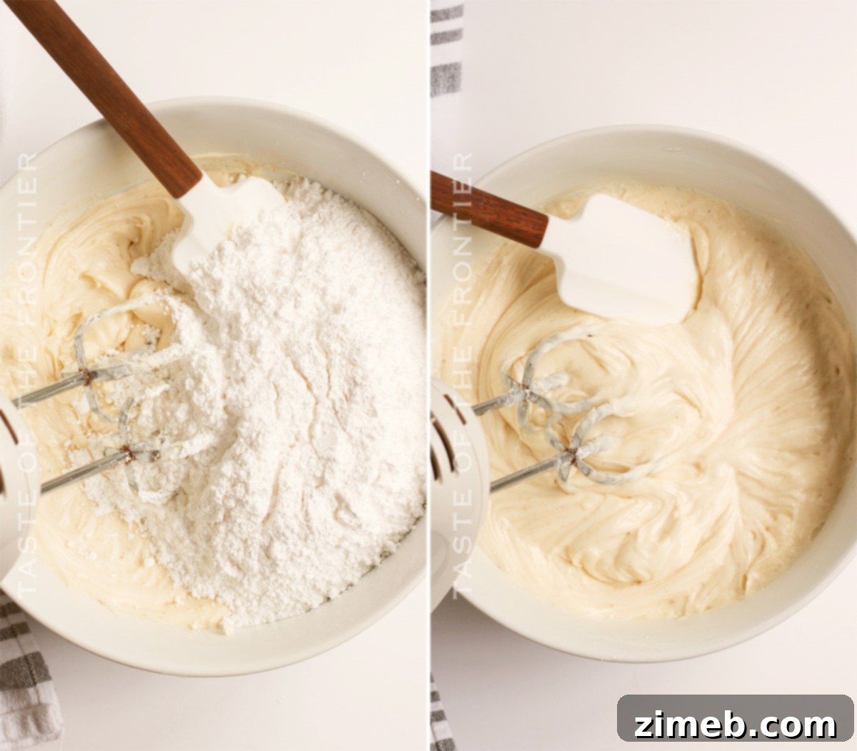 Detailed process of making homemade cream cheese frosting for cake.