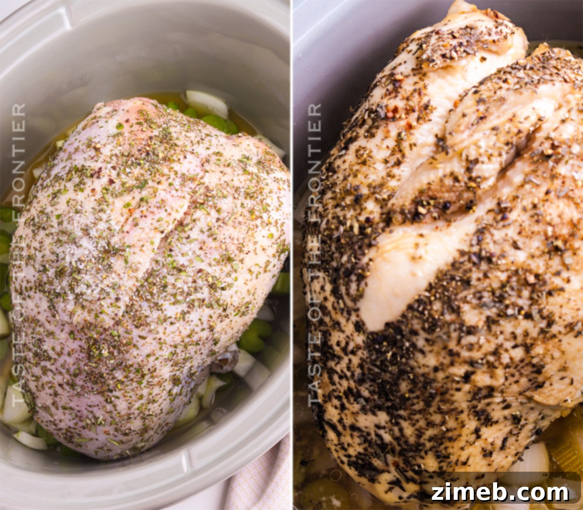 Effortless Slow Cooker Turkey Breast Perfection 7 Turkey breast before and after cooking in slow cooker