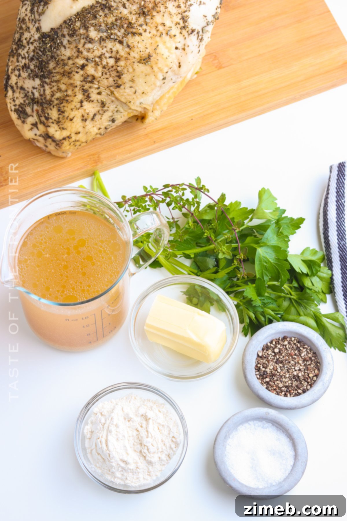 Essential ingredients laid out for making delicious homemade Turkey Gravy.