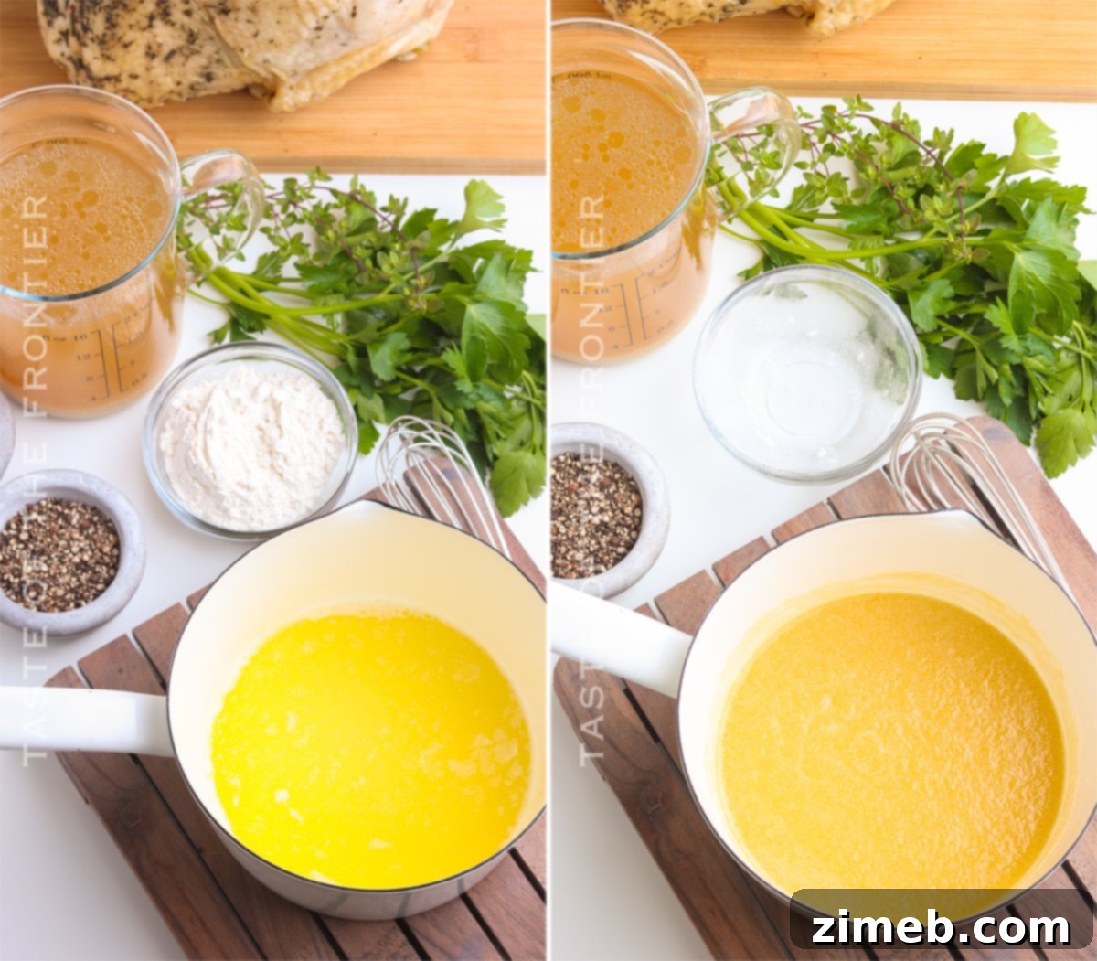 A whisk stirring a rich, brown roux in a saucepan, demonstrating how to make turkey gravy.