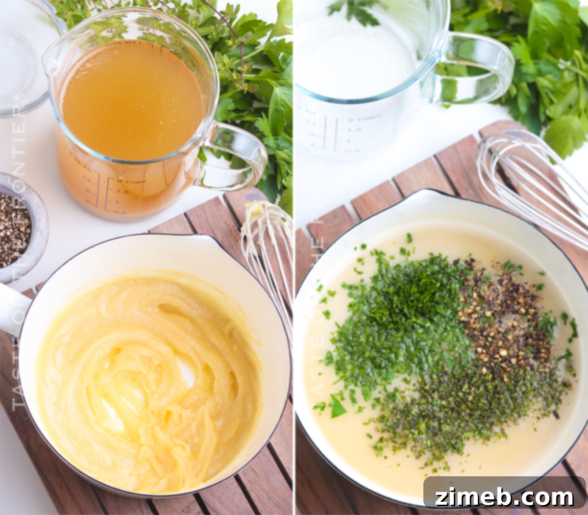 A hand seasoning a gravy with fresh herbs, showcasing the final touches.