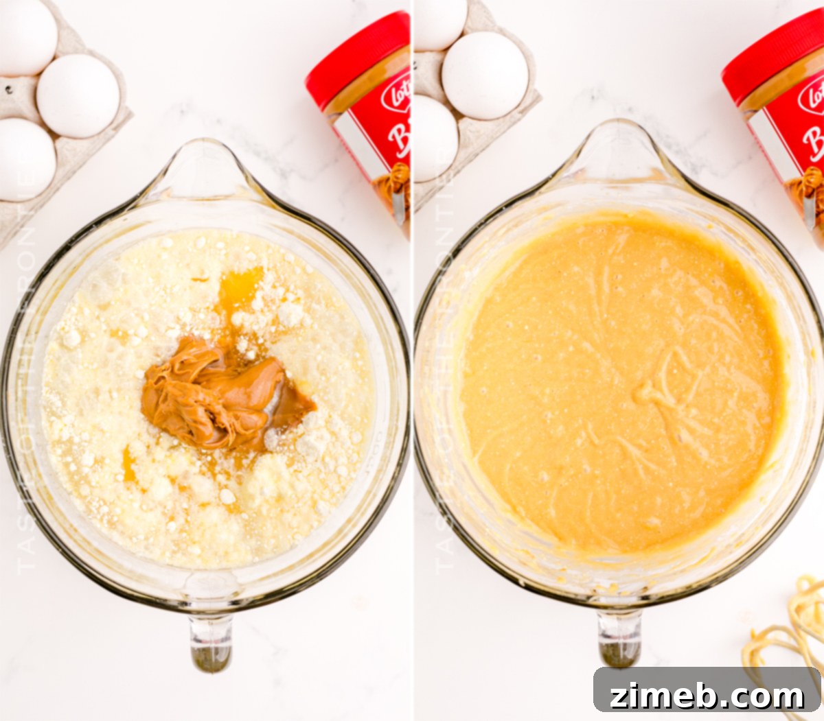 Lotus Biscoff Dream Cupcakes 5 Step-by-step image showing how to make Biscoff Cupcakes, with batter being mixed in a bowl