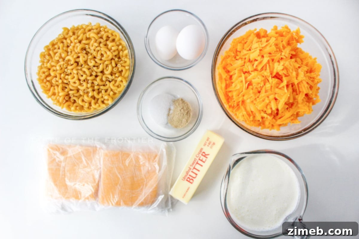 Ultimate Baked Mac and Cheese 3 Ingredients laid out for Baked Mac and Cheese