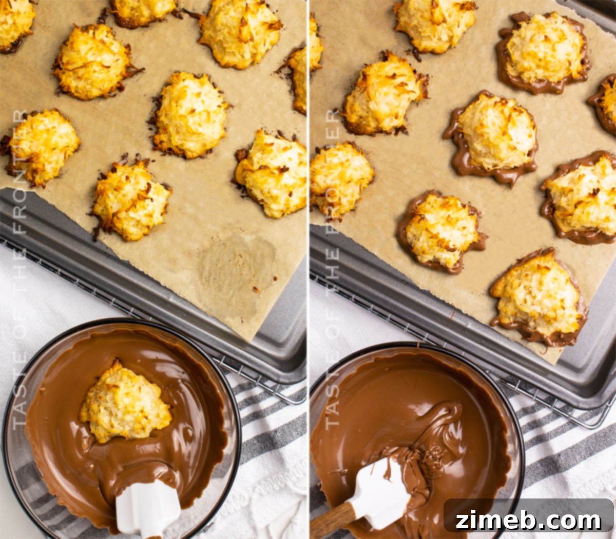 Decadent Chocolate Coconut Macaroons 9 Dipping coconut cookies in chocolate