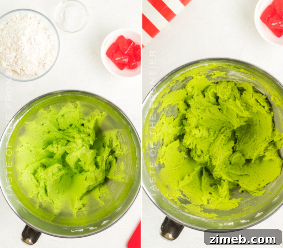 Close-up of cookie dough being prepared, a step in making Grinch Christmas Cookies.