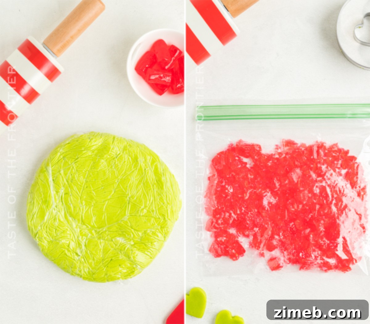 Visual guide on how to create the 'stained glass' effect for Grinch Christmas Cookies with crushed candy.