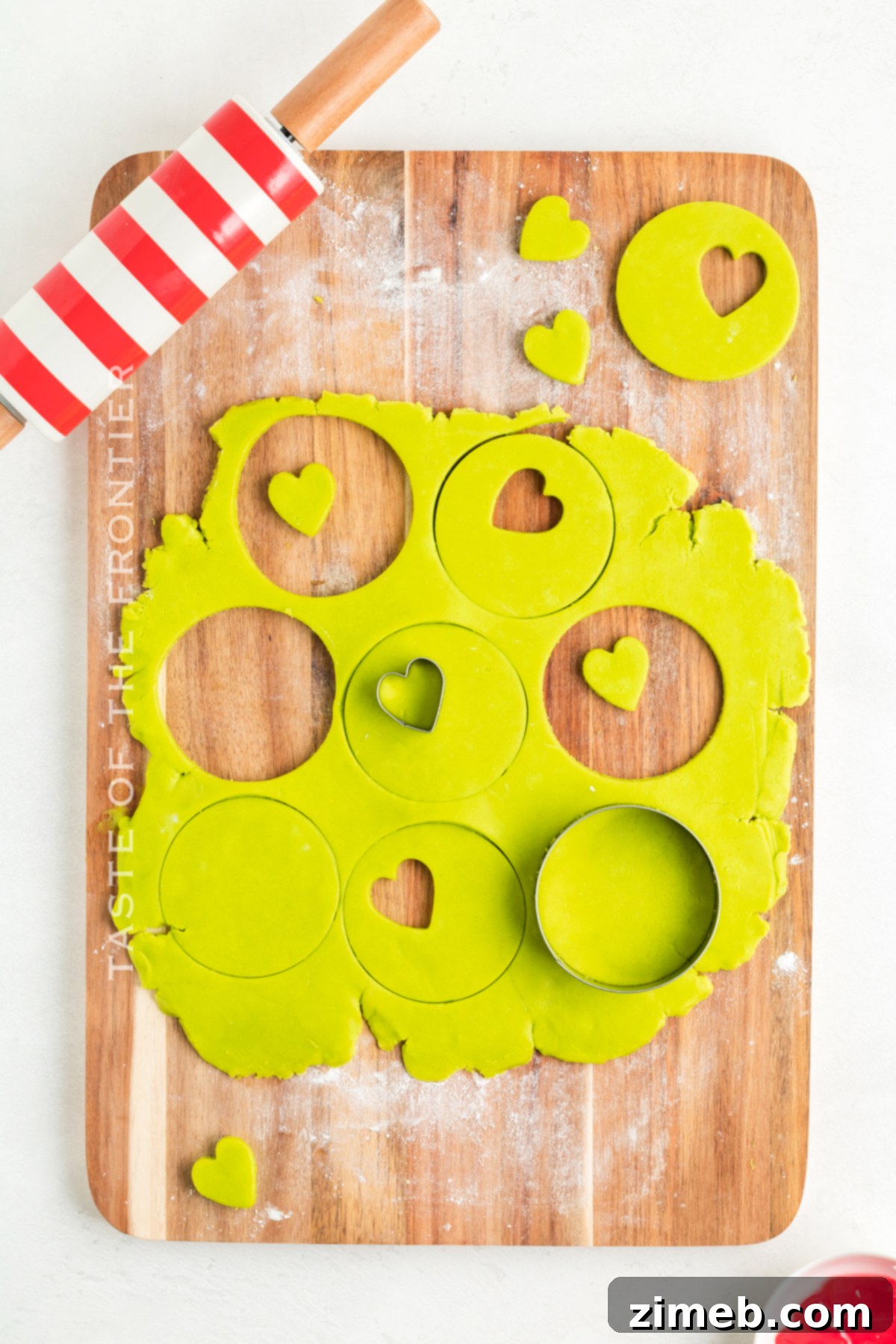 Steps for cutting out cookie shapes to make Grinch Christmas Cookies.