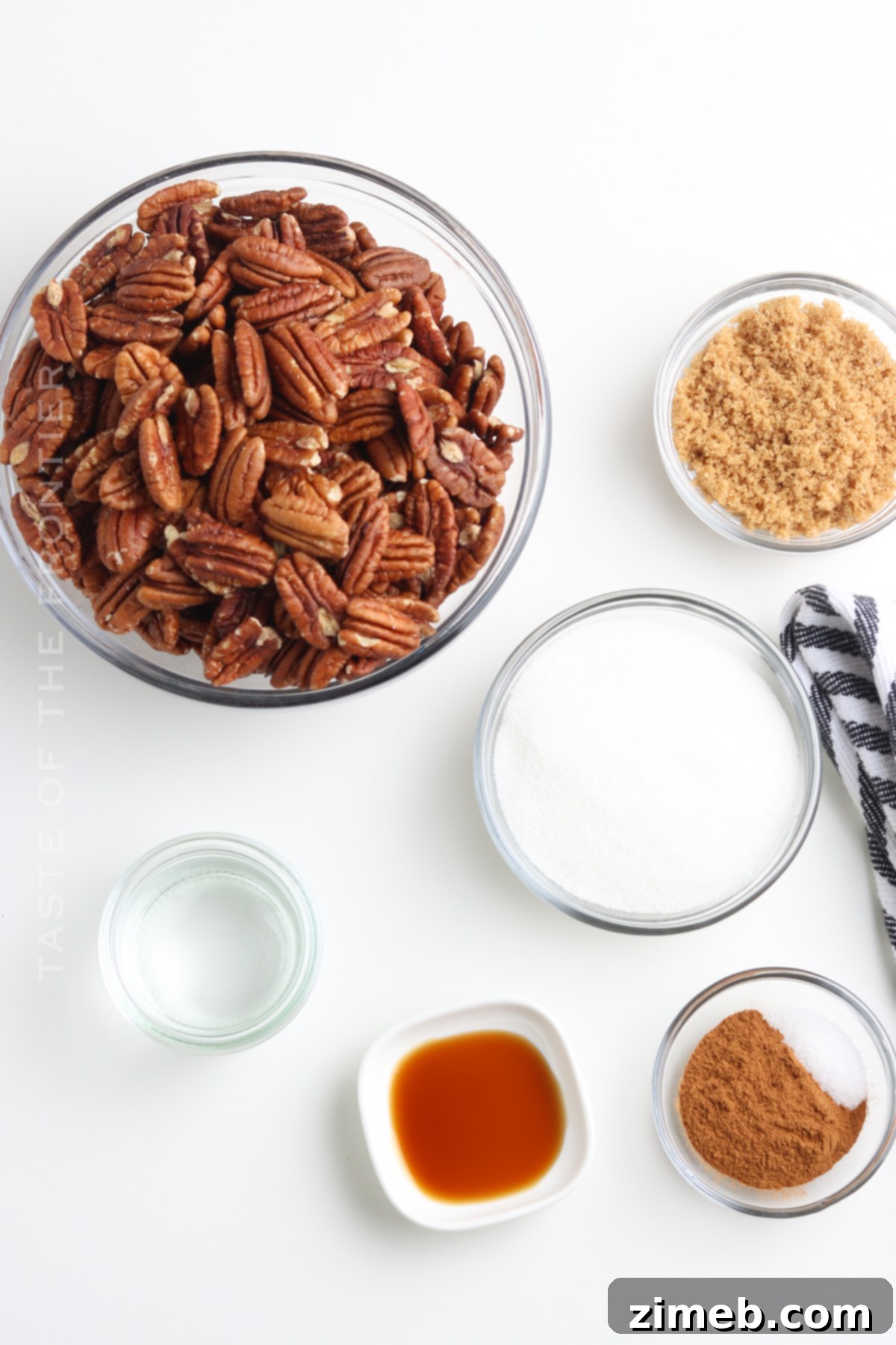 Sweet Glazed Pecans 4 Ingredients for Candied Pecans - Granulated sugar, brown sugar, cinnamon, salt, vanilla extract, water, and pecan halves.