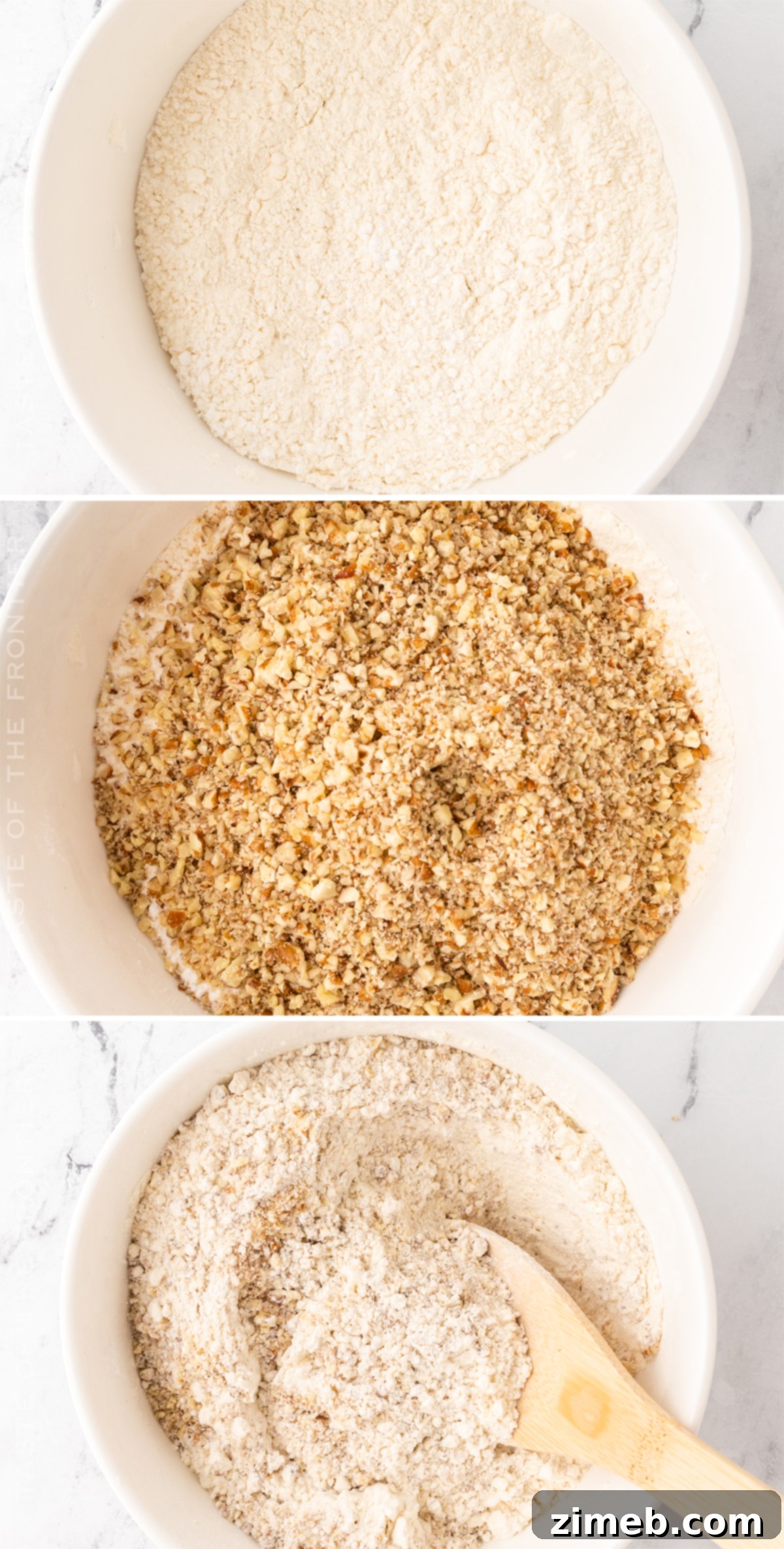 Step-by-step process of how to make Mexican Wedding Cookies, showing the dough being mixed with pecans.