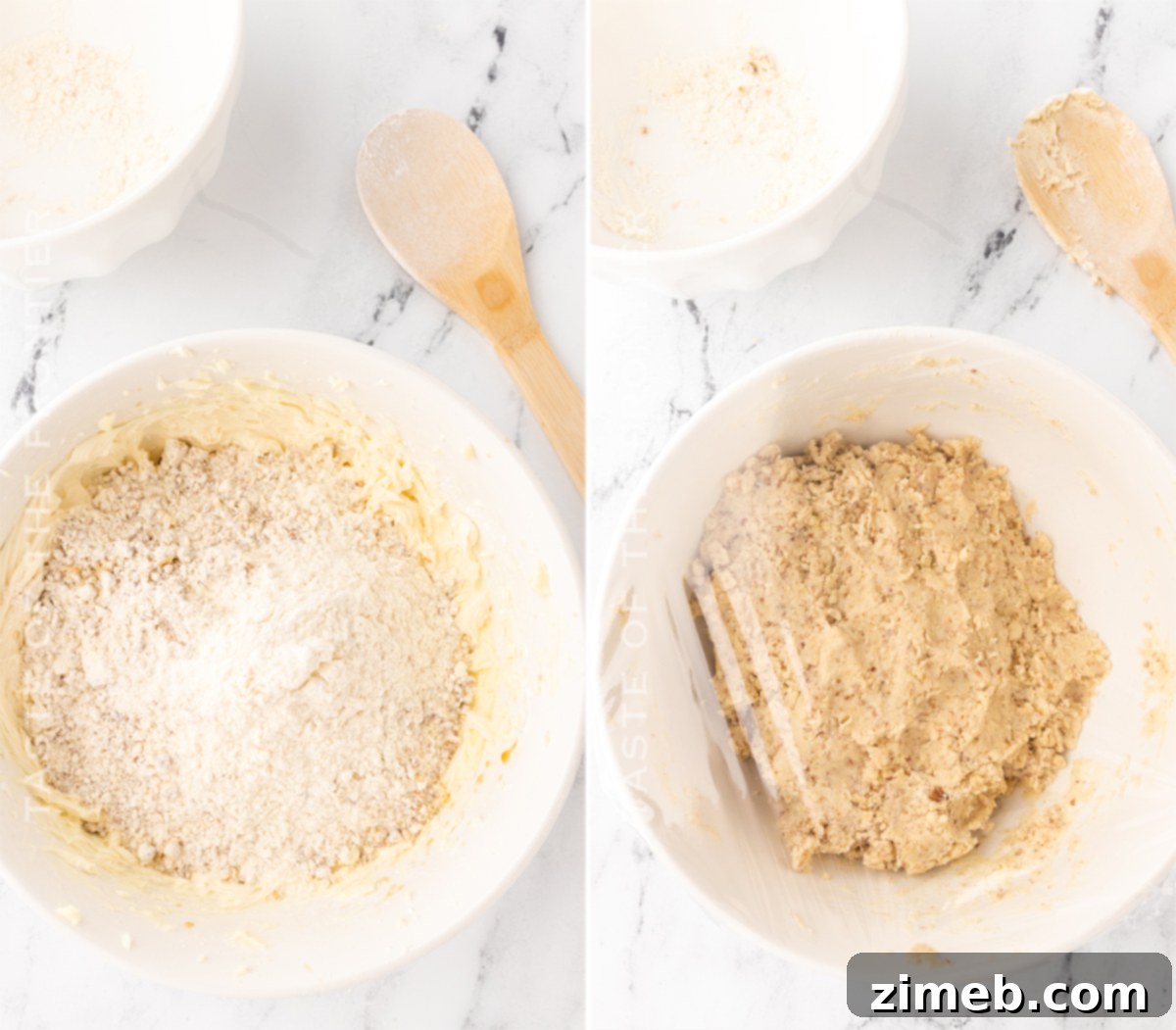 Mixing the dough for Mexican Wedding Cookies, showing the transition from dry ingredients to a cohesive cookie dough.