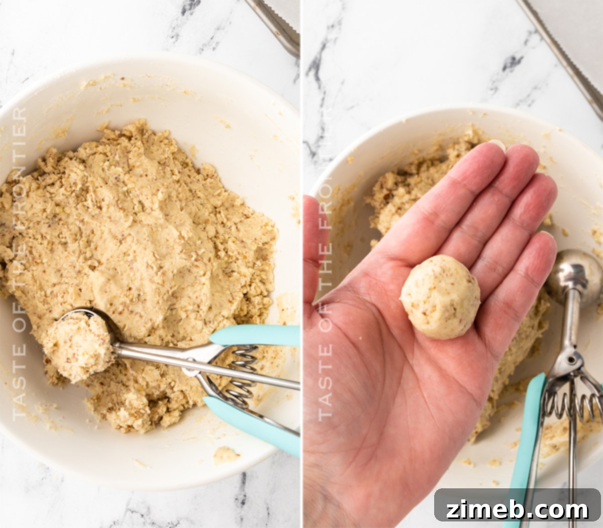 Rolling the cookie dough into perfect balls for Mexican Wedding Cookies, a crucial step for uniform baking.