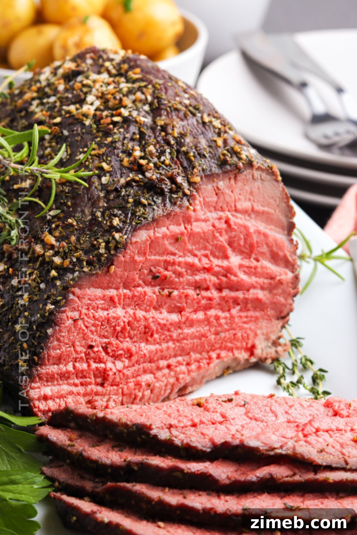 A perfectly cooked oven roast beef, beautifully browned with herbs and ready to be carved.