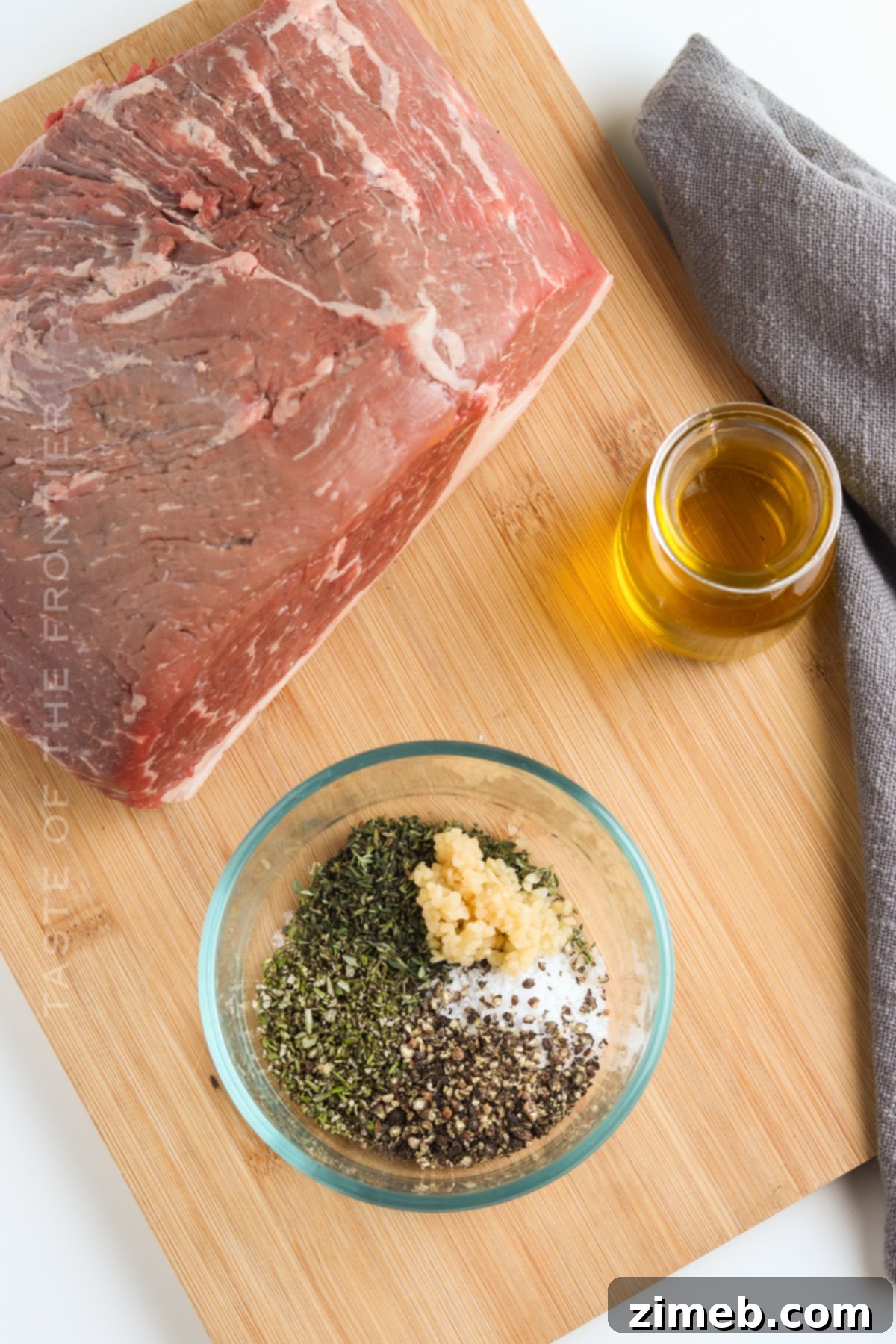 Step-by-step image illustrating how to make Oven Roast Beef, showing the seasoned meat in a pan.