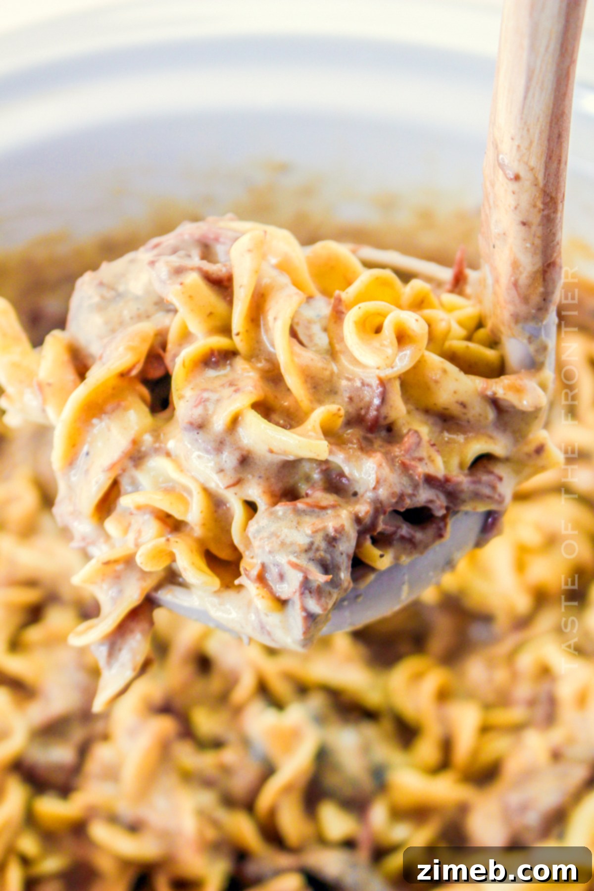 Cozy Comfort Slow Cooker Beef Stroganoff 18 Finished Slow Cooker Beef Stroganoff recipe presentation, garnished and ready.