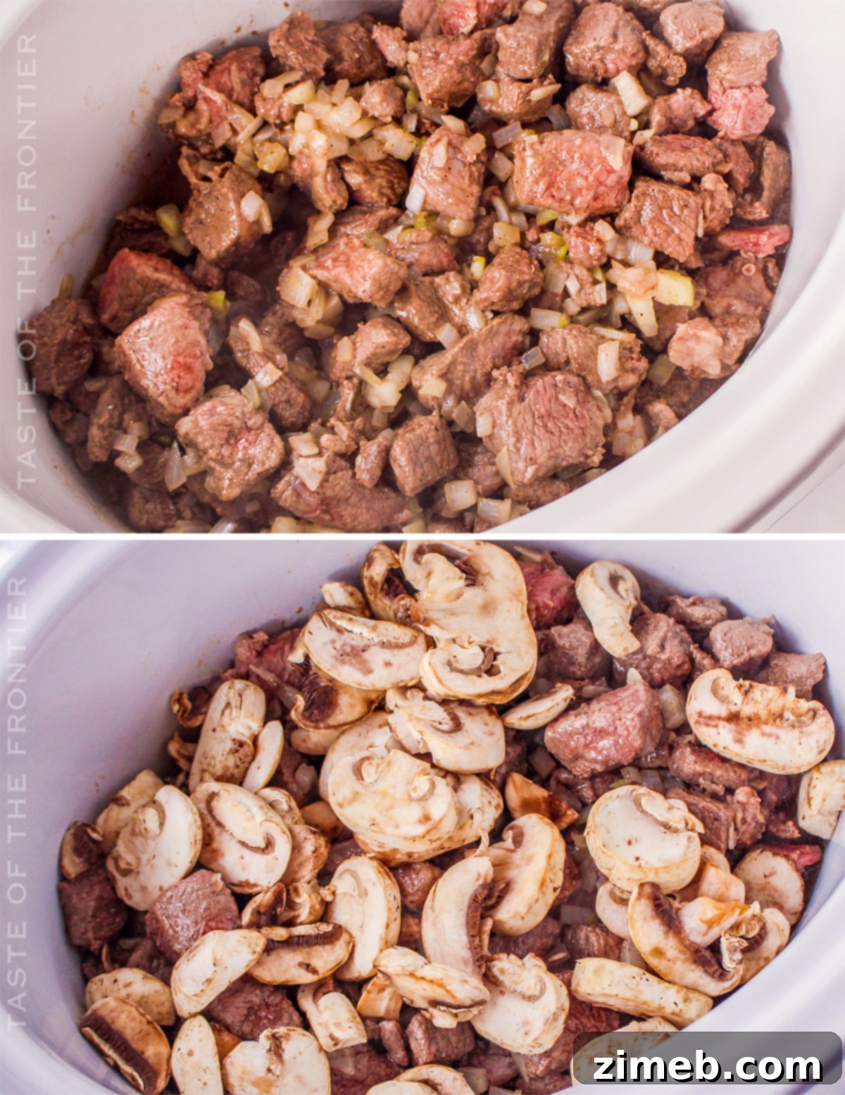 Cozy Comfort Slow Cooker Beef Stroganoff 5 Step-by-step process of making Crockpot Beef Stroganoff, showing the ingredients simmering.