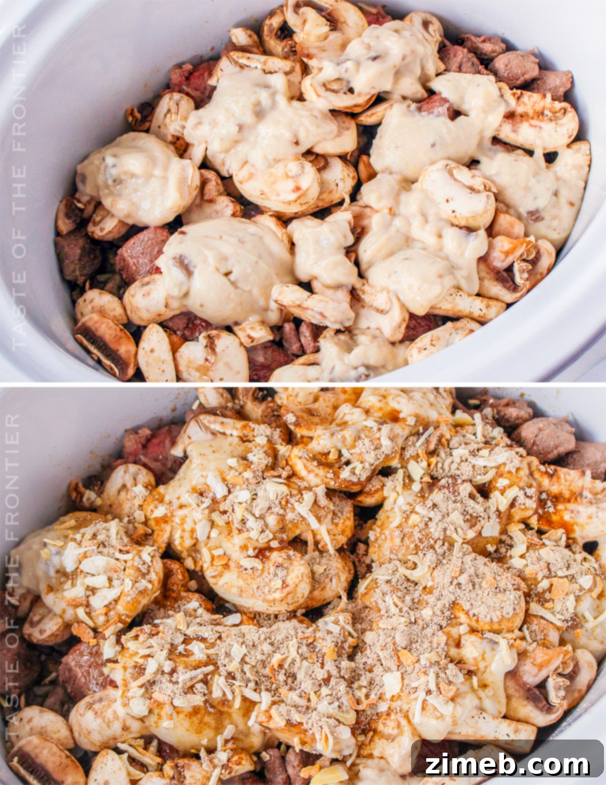 Cozy Comfort Slow Cooker Beef Stroganoff 6 Seasoning beef stew meat with salt and pepper for stroganoff.