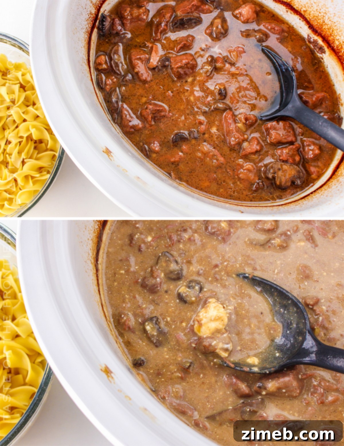 Cozy Comfort Slow Cooker Beef Stroganoff 7 Beef stew meat simmering in a slow cooker, creating a rich stroganoff sauce.