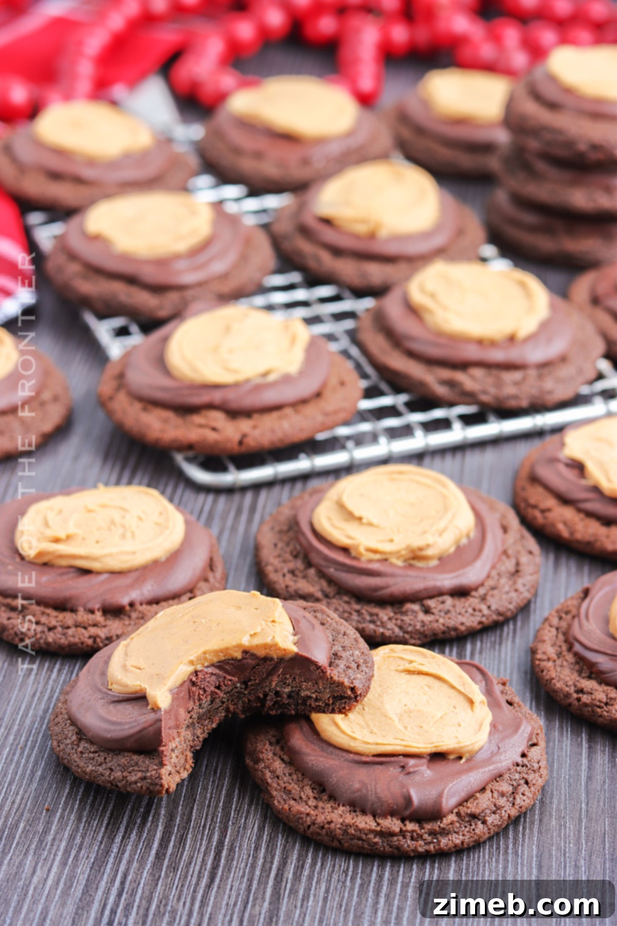 Buckeye Delights 3 Close-up of chocolate and peanut butter cookies, showing the buckeye candy resemblance