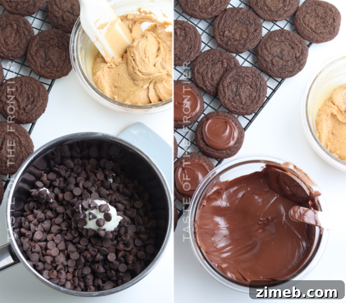 Buckeye Delights 8 Detailed image showing how to apply the peanut butter frosting to the chocolate cookies