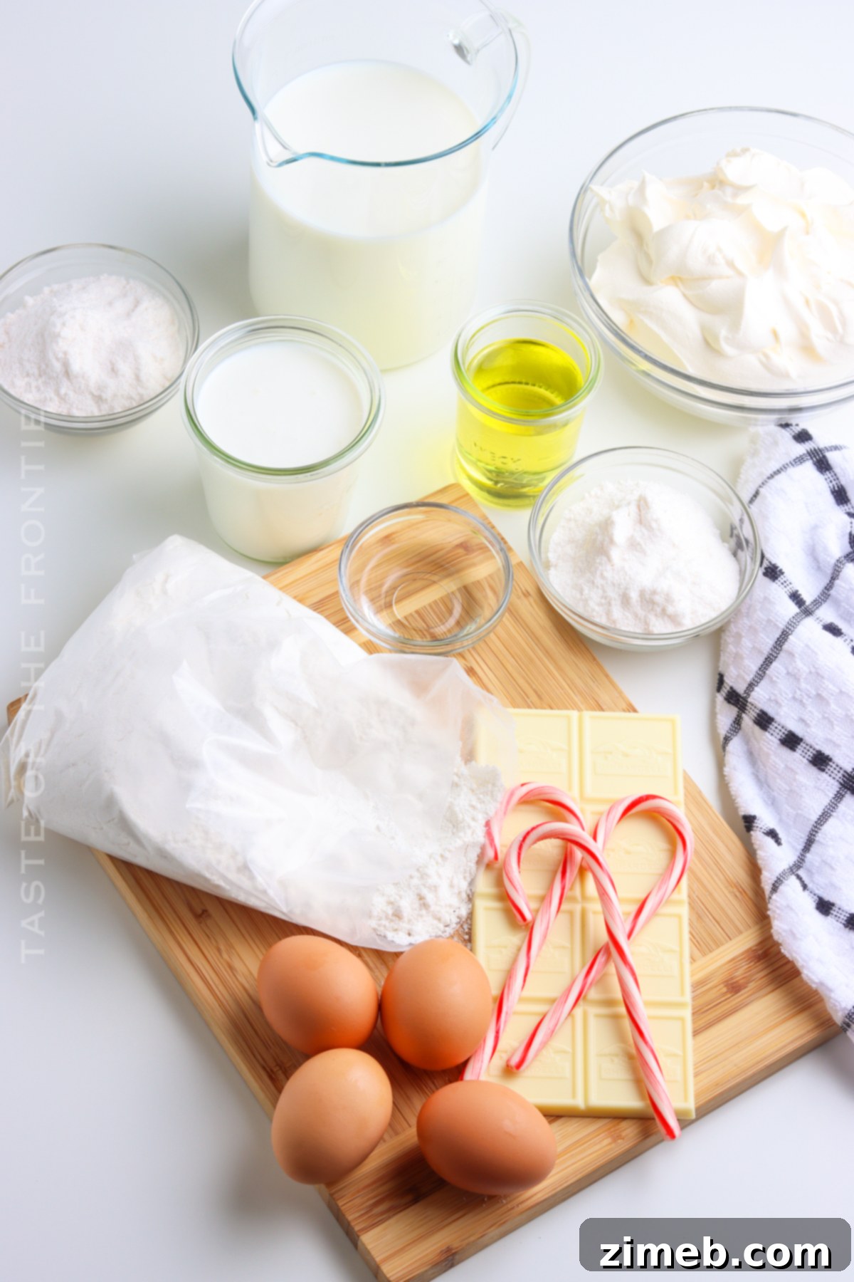 Festive Peppermint Cake 4 Peppermint Cake Ingredients laid out on a table